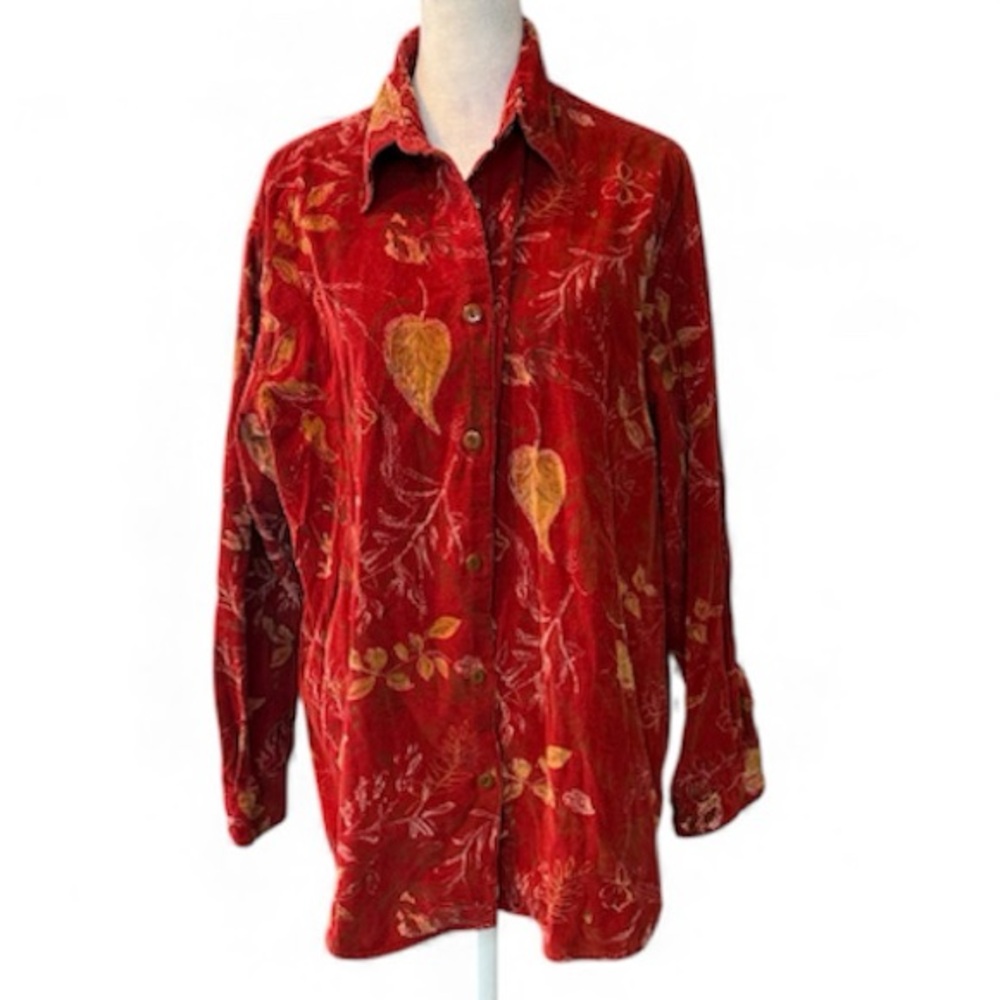 Eddie Bauer Women's Red Corduroy Leaf Print Long‎ Sleeve Button Down Size Small